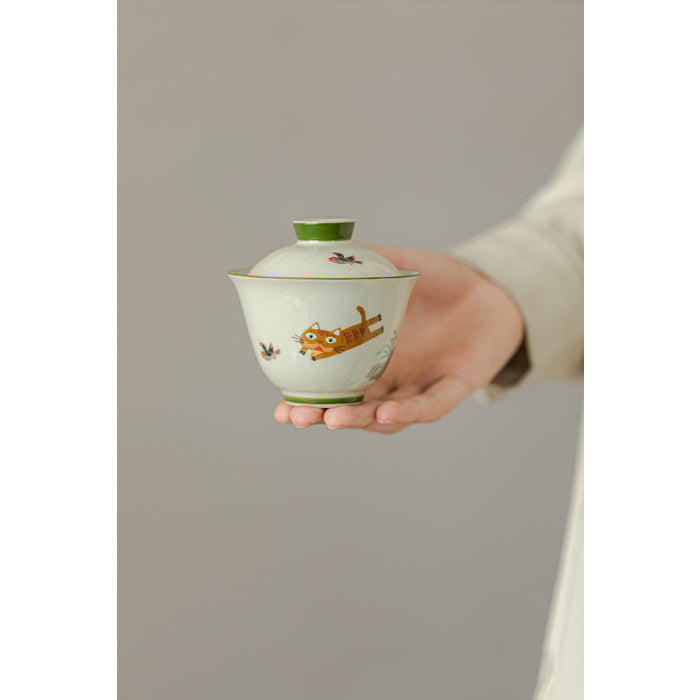 手繪蓋碗 — 貓追鳥青瓷茶碗 150毫升
