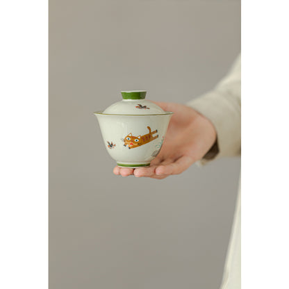 手繪蓋碗 — 貓追鳥青瓷茶碗 150毫升