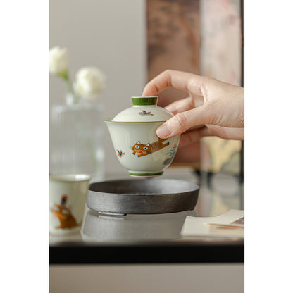手繪蓋碗 — 貓追鳥青瓷茶碗 150毫升